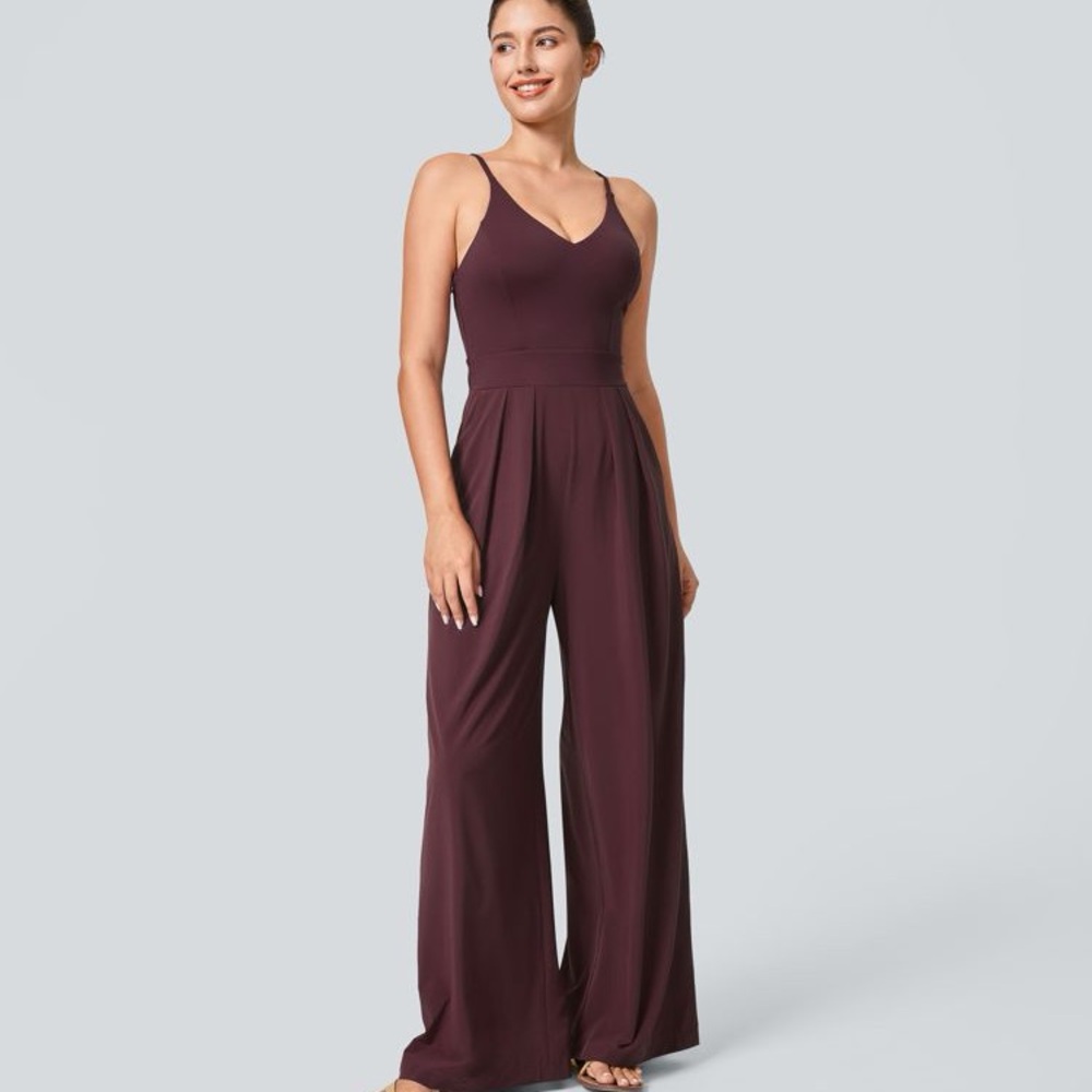 Wide-Leg V-Neck Spaghetti Strap Jumpsuit - Burgundy